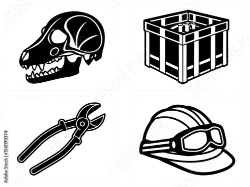 Dinosaur skull crate pliers and hard hat with goggles icons