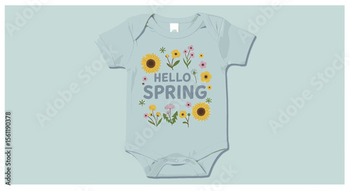 Vector art of cute light blue baby bodysuit with sunflowers and hello spring text, isolated on white background