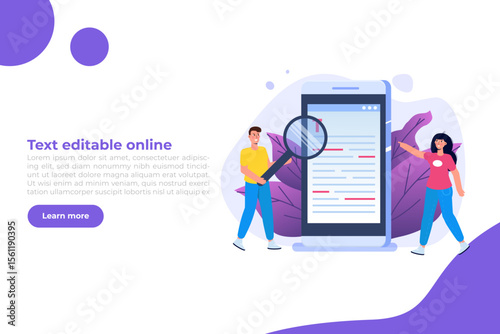 Editable online document. Creative writing and storytelling, copywriting . Online education, distant learning concept. Vector illustration.