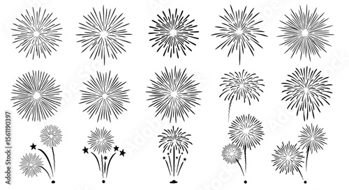 Vector art of a collection of black fireworks bursts and sparklers isolated on white background