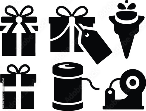 Vector art of a set of simple gift icons isolated on white background, including presents with ribbons, tags, and packaging elements