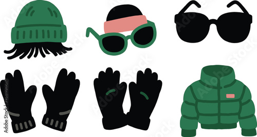 Vector art of a collection of stylish winter accessories, including a green hat, black gloves, sunglasses, and a green jacket, perfect for winter fashion design