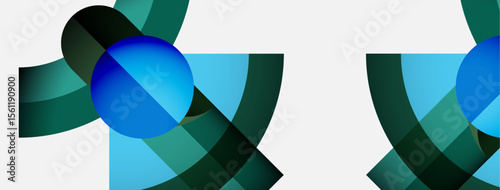 Abstract design features overlapping blue spheres, dark green ribbons. Minimalist composition, clean lines, modern aesthetic. Simple, elegant.