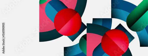 Abstract composition featuring overlapping colorful shapes, circles, rectangles. Minimalist design with vibrant hues against white background.