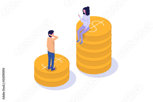 Social inequality, Salary gap concept. Standing on stacks of coins. Isometric Vector illustration for banner, website, landing page, flyer.
