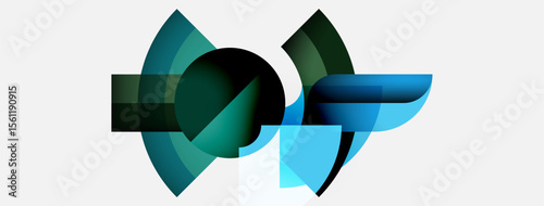 Abstract geometric shapes overlap, creating dynamic composition. Teal, dark green, black hues dominate white background. Modern design.