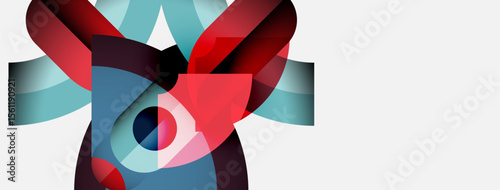 Abstract geometric shapes overlap, creating vibrant color blends. Red, blue, turquoise dominate composition. Minimalist design, modern aesthetic.