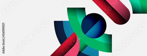 Abstract shapes overlap, creating dynamic composition. Colors blendred, green, blueover white background. Modern design elements suggest movement, energy.