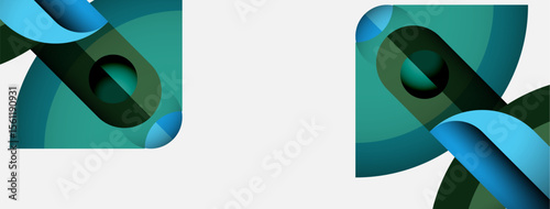Abstract design features swirling ribbons, teal hues, dark shadows. Minimalist composition creates dynamic visual impact. Smooth gradients define shapes.