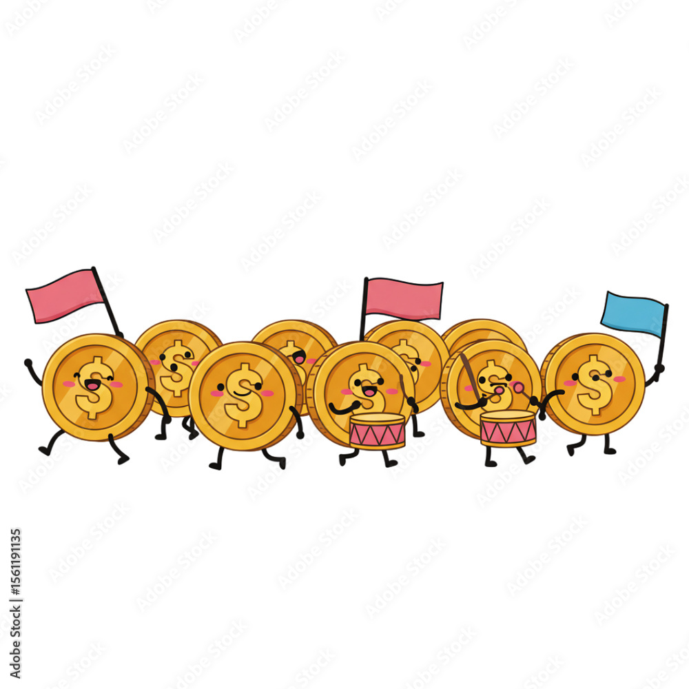 Naklejka premium Cute Cartoon Coins Parade with Flags and Drums Illustration