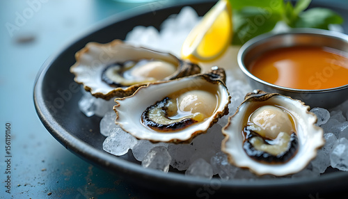 Freshly Shucked Oysters on Ice with Lemon and Cocktail Sauce