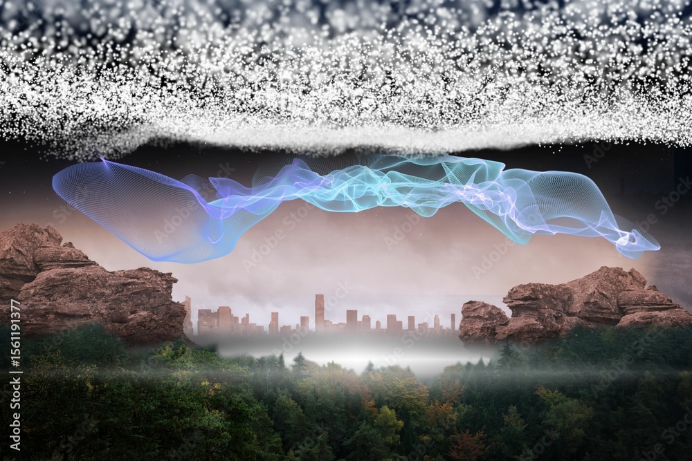 Fototapeta premium Bright stars of energy over landscape