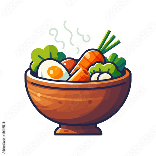 This image features a vibrant bowl of hot soup or stew, filled with fresh vegetables and an egg, perfect for food blogs or healthy eating websites.

