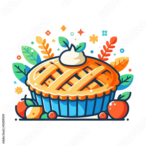 This image is an illustration of a pie with lattice crust, whipped cream, and fruit/leaves. Websites and blogs can use it for recipes, baking, holidays like Thanksgiving, or general food and dessert 