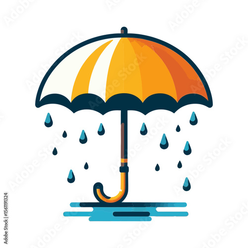 This image depicts a yellow and white umbrella with raindrops falling around it, creating puddles. Websites and blogs can use this image for content related to weather, rain, protection, insurance