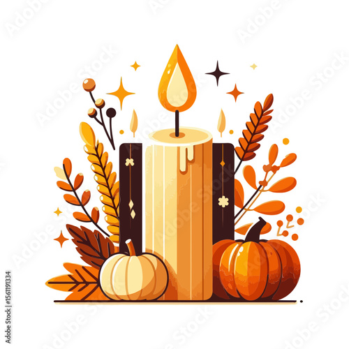 This image features a lit candle surrounded by pumpkins, leaves, and other autumn elements. Websites and blogs can use this image for content related to autumn, Thanksgiving, Halloween, cozy themes