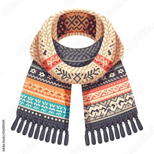This vibrantly patterned knitted scarf with tassels is perfect for websites or blogs about winter fashion, cozy accessories, holiday gifts, or cold-weather apparel.

