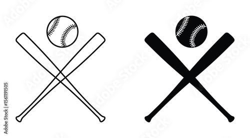 Baseball Icon Set. Baseball Icons Set Glove Ball Bat. Line art vector style illustration of two baseball bats crossed
