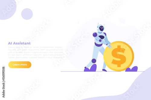 Robot making money for human business. Working with AI concept. Vector illustration. Can use for, landing page, template, web, homepage, poster, banner.