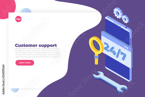 Support or call center 24/7 concept.   Web page or banner design templates.  24 hours open customer service. Vector illustration Isometric.