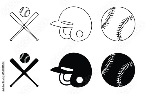 Baseball Icon Set. Baseball Icons Set Glove Ball Bat. Line art vector style illustration of two baseball bats crossed
