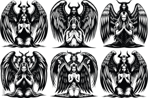 Black and white illustrations of winged female figures with horns