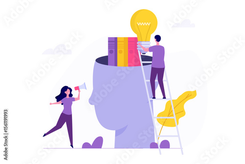 Put book in head concept. Upskill and learn new things for knowledge development and improved job qualifications. Man places light bulb ideas, books, into a human head to enhance working skills.
