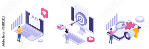 Cross-posting social, Social network, media promotion, push advertising concept. Isometric Vector illustrations set for banner, website, landing page, flyer.