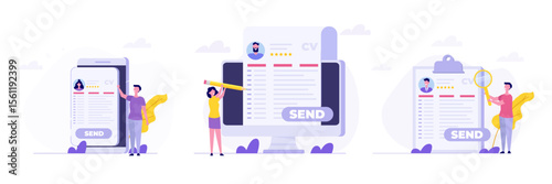 Job searching. Send online cv or upload resume, apply for jobs. Employee recruitment data paper. Cartoon Flat Vector illustrations set for banner, website, landing page, flyer.