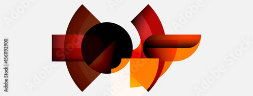 Abstract design features overlapping orange, red shapes. Minimalist composition with gradient effects, creating dynamic visual impact.