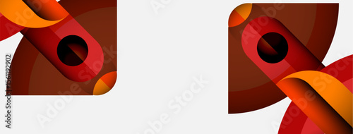 Abstract shapes, warm colors dominate. Red, orange, brown layers create dynamic visual effect. Minimalist design, clean background.