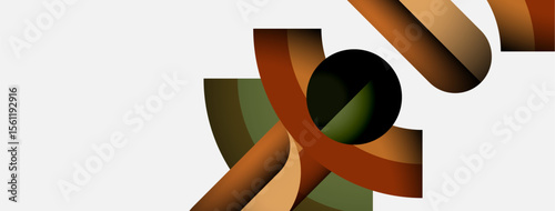 Abstract shapes overlap, creating dynamic composition. Brown, olive, black hues dominate white background. Modern design elements present.