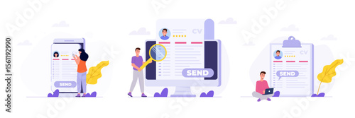 Job searching. Send online cv or upload resume, apply for jobs. Employee recruitment data paper. Cartoon Flat Vector illustrations set for banner, website, landing page, flyer.