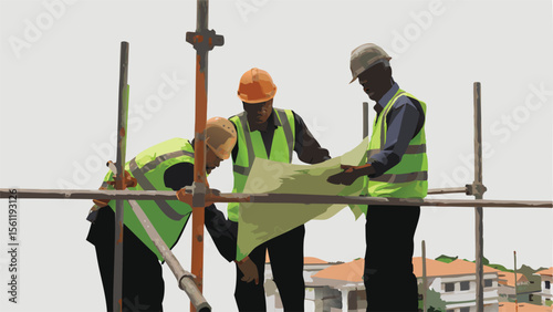 Three construction workers in safety vests and hard hats reviewing blueprints on scaffolding on a building site