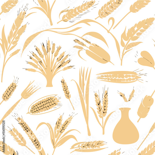  Wheat and Grain Harvest Seamless Pattern