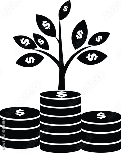 A stylized illustration of a money tree growing from stacks of coins.