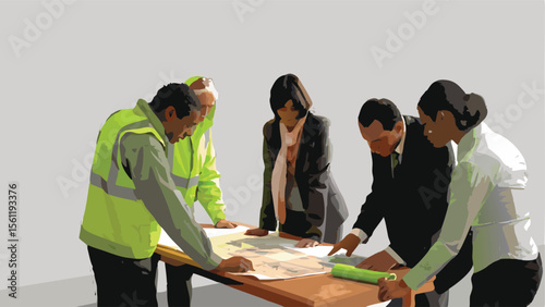 A group of five people are gathered around a table looking at a document and discussing plans together