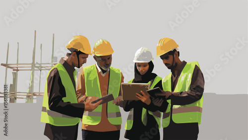 Group of construction workers in safety vests and hard hats reviewing plans on tablets at a site project