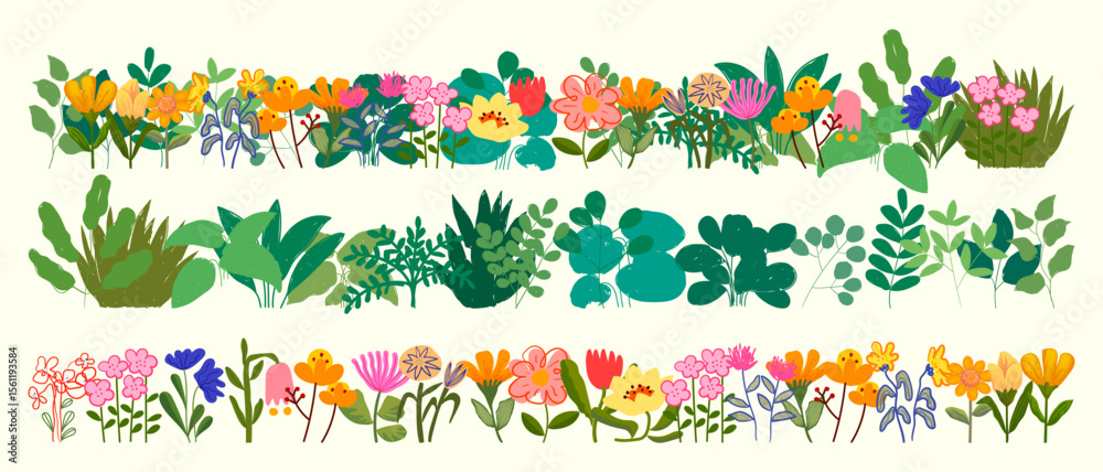 Fototapeta premium Pastel colors flowers leaves plants icon element illustration. Spring, summer flat botanical theme.