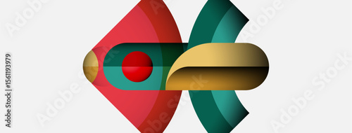 Abstract geometric shapes overlap. Red, gold, teal colors dominate composition. Minimalist design, clean lines present modern aesthetic.