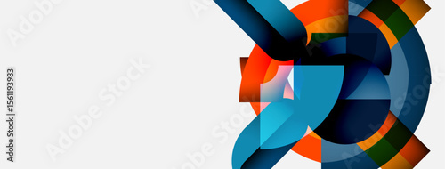 Abstract geometric shapes overlap, creating vibrant color patterns. Blue, orange, green hues dominate composition. Modern design element.