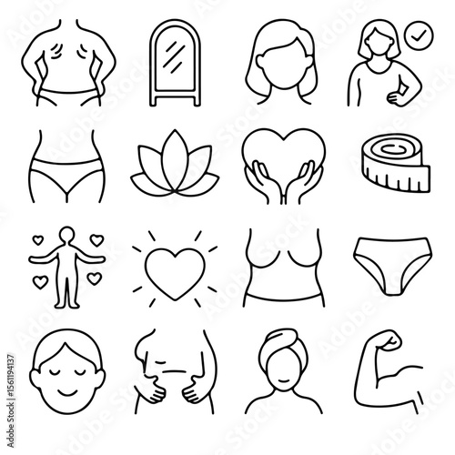 Body Positivity Icons: A collection of line icons representing self-love, body acceptance, and self-care.