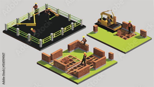 Isometric view of construction sites showing workers, brick walls, excavation, and playground equipment