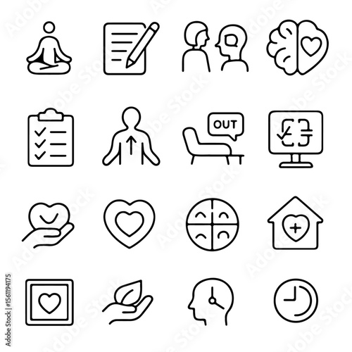Psychotherapy line icon vector set featuring self care and mental health elements.