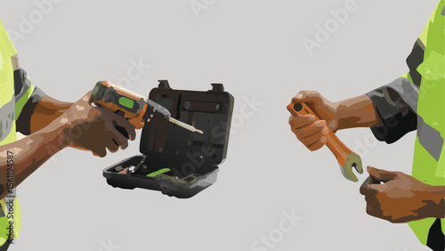A worker holding a drill next to a toolbox and another worker holding a wrench on a plain background