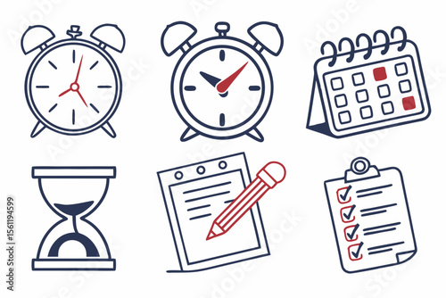 Time management icons show planning and organization isolated on white
