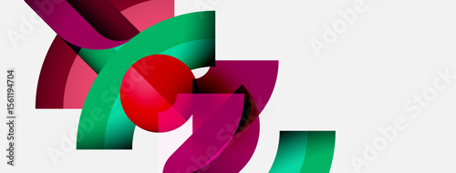 Abstract design features vibrant magenta, green hues. Red sphere intersects flowing shapes, creating dynamic composition. Minimalist aesthetic.