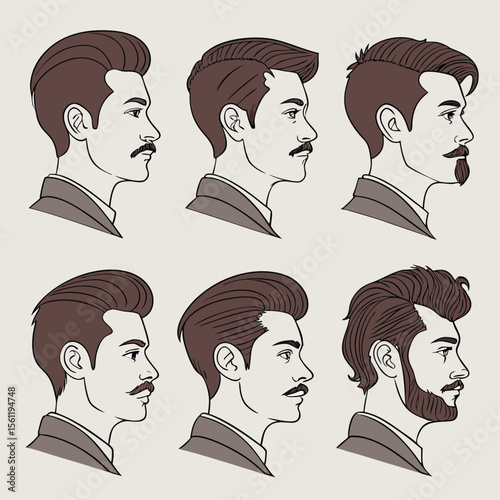 Six side-profile illustrations of a man with a mustache, each featuring a different hairstyle. The styles include variations of slicked-back, pompadour, wavy, and curly hair, all depicted in a minimal