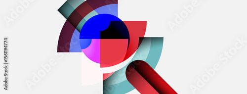 Abstract composition. Overlapping circles, curves create dynamic visual effect. Red, blue, teal dominate white background. Modern design.