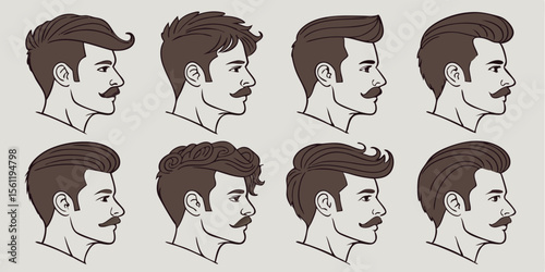A digital illustration featuring a collection of six distinct male headshots, each showcasing a different vintage-inspired hairstyle and mustache style. The men are depicted in profile, facing right.